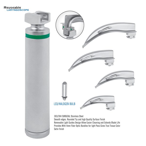 Reusable Macintosh Laryngoscope Set, 4 mm fiber, removable light guide