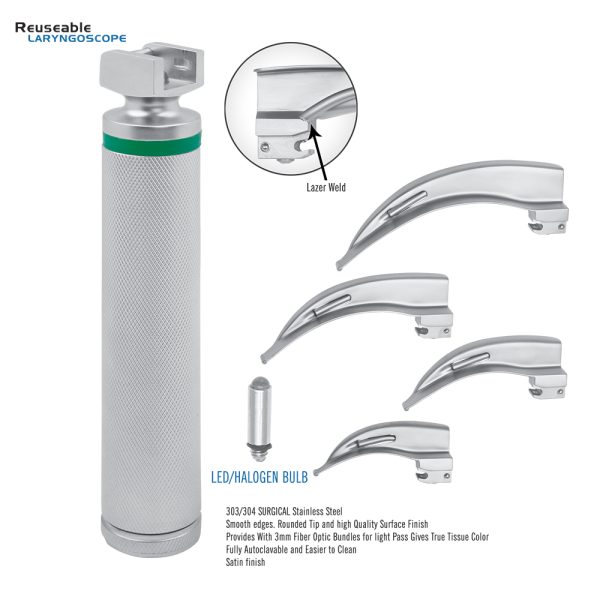 Reusable Macintosh Laryngoscope Set, 3 mm fiber, laser welded
