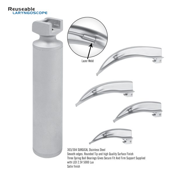 Reusable Macintosh Laryngoscope Set, Conventional, LED 2.5 V 5000 lux