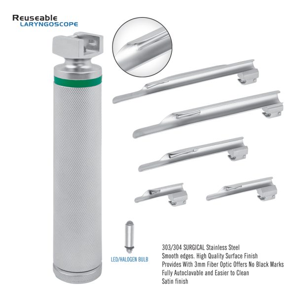 Reusable Miller Laryngoscope Set, 3 mm fiber optic