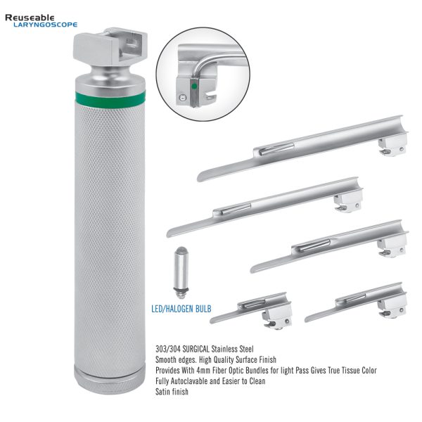Reusable Miller Laryngoscope Set, 4 mm fiber optic