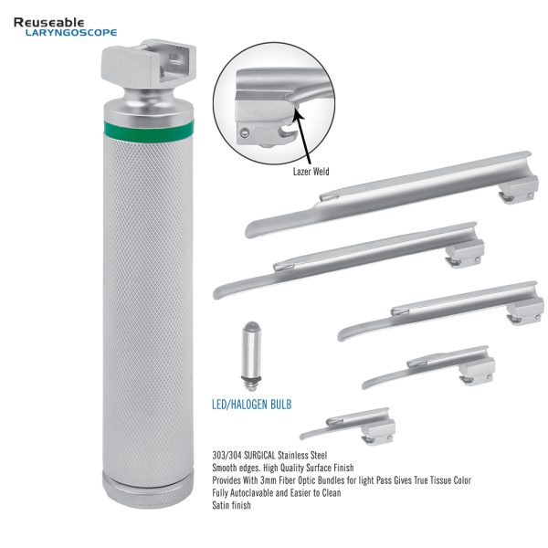 Reusable Miller Laryngoscope Set, 3 mm fiber, laser welded