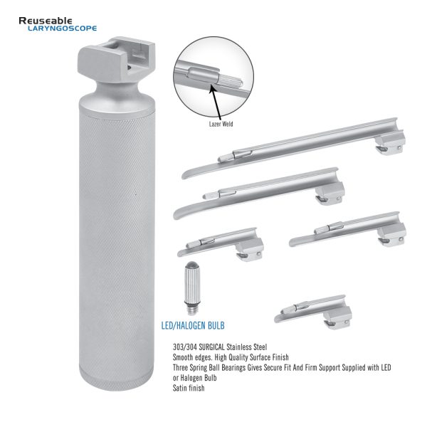 Reusable Miller Laryngoscope Set, Conventional, LED or halogen bulb